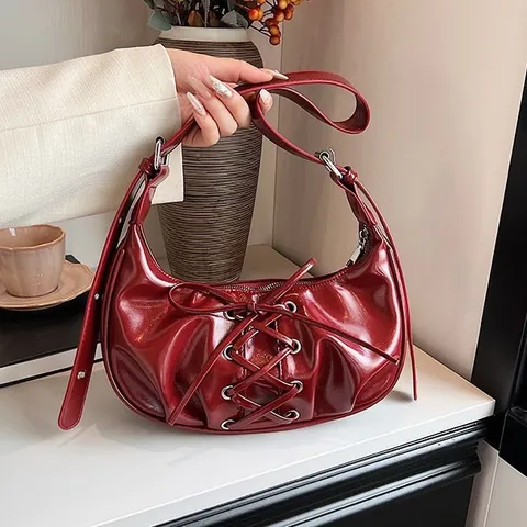 Bolso de hombro de mujer de cuero PU brillante con lazo cordones plisado vintage Y2K dulce estilo fresco bolso de mano hobo