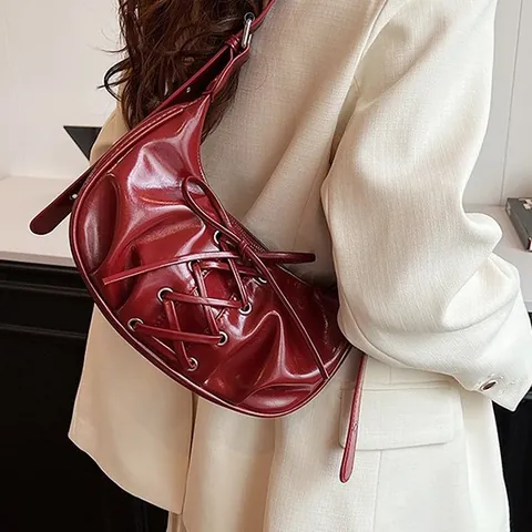 Bolso de hombro de mujer de cuero PU brillante con lazo cordones plisado vintage Y2K dulce estilo fresco bolso de mano hobo