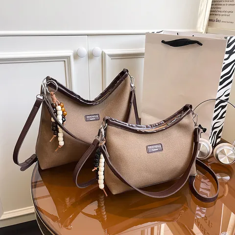 Women Vintage Canvas Shoulder Bag Retro Hobo Tote With Beads Decoration Adjustable Strap Casual Crossbody Bag Small Large