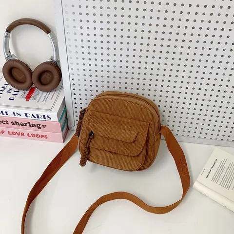 Women Vintage Corduroy Crossbody Bag Small Square Shoulder Bag With Front Flap Pocket Adjustable Strap Casual Commute Purse