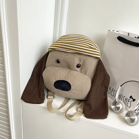 Cute Cartoon Dog Shaped Corduroy Backpack For Kids Women Brown Striped Hat Large Capacity Versatile Fashion Schoolbag Travel Daypack