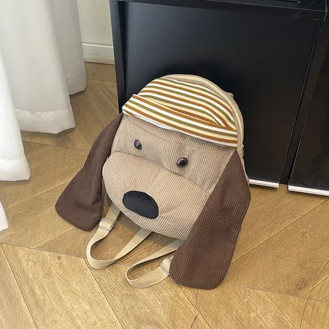 Cute Cartoon Dog Shaped Corduroy Backpack For Kids Women Brown Striped Hat Large Capacity Versatile Fashion Schoolbag Travel Daypack