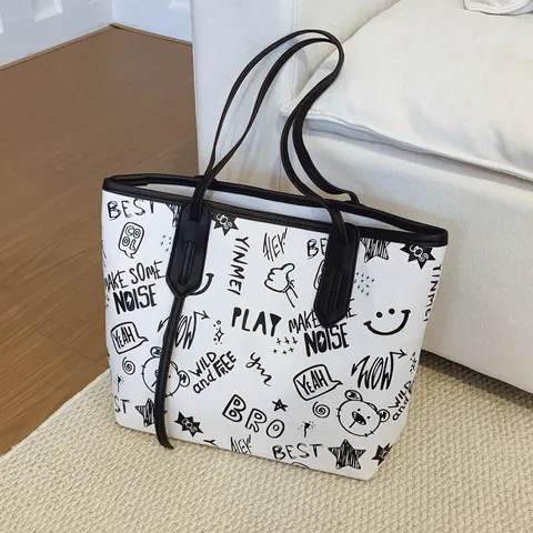 Women Large Capacity Tote Bag PU Leather Graffiti Print Shoulder Bag Cartoon Bear Letter Print Commuting Shopping Handbag