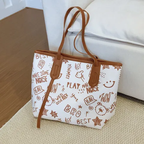 Women Large Capacity Tote Bag PU Leather Graffiti Print Shoulder Bag Cartoon Bear Letter Print Commuting Shopping Handbag