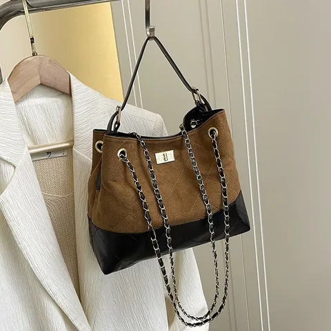 Bolso de Hombro Retro para Mujer Color de Contraste Cadena Cuero PU Acolchado Bolso de Cubo Gran Capacidad Bolso de Mano