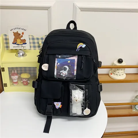 Koreanischer Stil Damen Oxford Stoff Rucksack Mehrere Taschen Student Schultasche Mit Transparentem Fenster Abzeichen