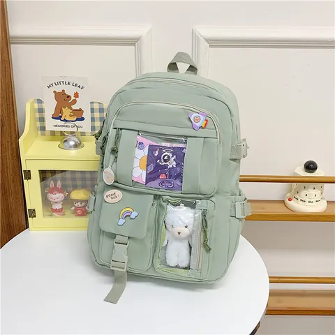 Koreanischer Stil Damen Oxford Stoff Rucksack Mehrere Taschen Student Schultasche Mit Transparentem Fenster Abzeichen