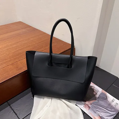 Women's Large Capacity PU Leather Tote Bag Minimalist Flip Cover Shoulder Bag Fashion Commuter Handbag Solid Office Work Bag