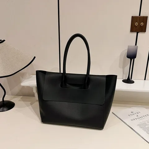 Women's Large Capacity PU Leather Tote Bag Minimalist Flip Cover Shoulder Bag Fashion Commuter Handbag Solid Office Work Bag
