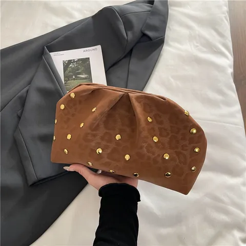 Leopard Print Cloud Pouch Bag Ruched Clutch With Golden Studs Elegant Pleated Dumpling Handbag For Women Evening Party