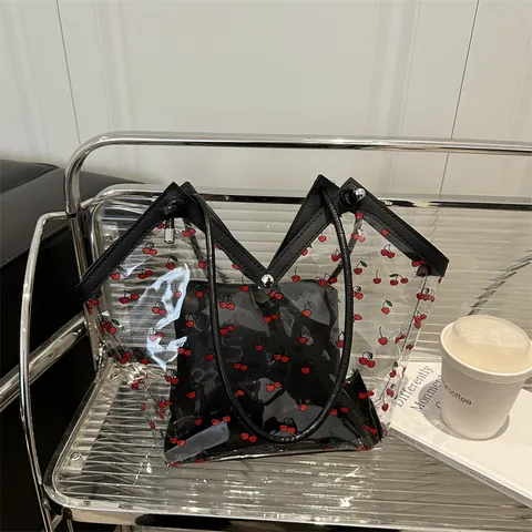 Bolso Tote Transparente de PVC Para Mujer Y Bolsa Interior Con Patrón de Cereza Bolso de Hombro de Gran Capacidad