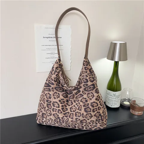 Hobo-Tasche mit Leopardenmuster Große Kapazität Leinwand Tote Tasche Vintage Schultertasche Mit PU-Lederriemen Für Damen Pendler