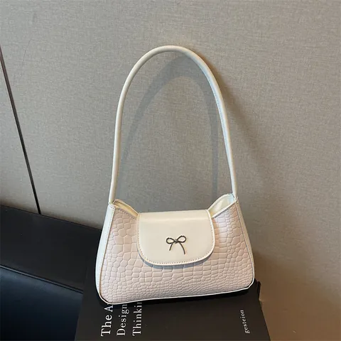 Bolso de Axila de Cuero PU con Relieve de Cocodrilo Retro Francés para Mujer Lazo Dulce Bolso de Hombro Color Sólido Bolso Cuadrado con Solapa Pequeña