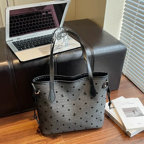 Bolso Tote de Lona Gran Capacidad Mujer Lunares Lazo Bordado Bolso de Hombro Vintage Bolso de Mano para Viaje Gris Negro
