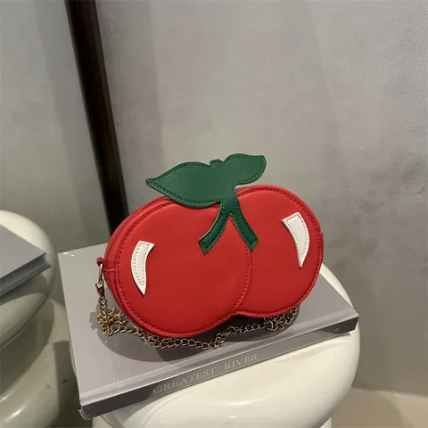 Niche Design Cherry Shaped Women Shoulder Bag Fashion PU Leather Crossbody Bag With Golden Chain Strap Cute Fruit Round Purse
