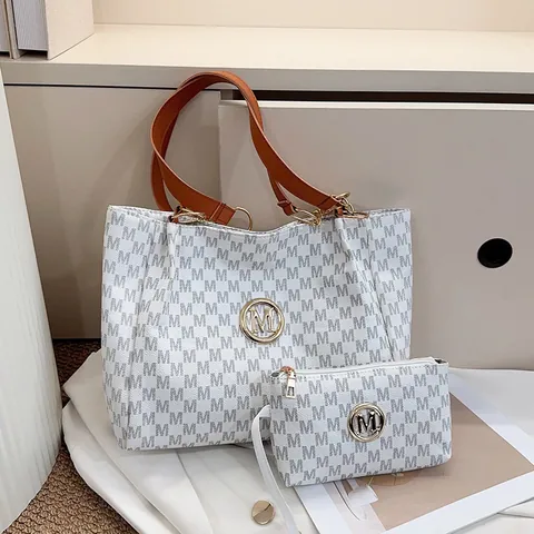 Damen Retro M Monogramm Druck PU Leder Tote Und Pouch Set Mode Große Kapazität Umhängetasche Pendler Tasche Büro