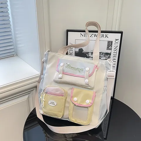 Sac Fourre-Tout en Nylon de Couleur Bloc Style Preppy pour Femmes Grande Capacité Multi-Poches Sac à Épaule pour Étudiants Sac d'École Sucré