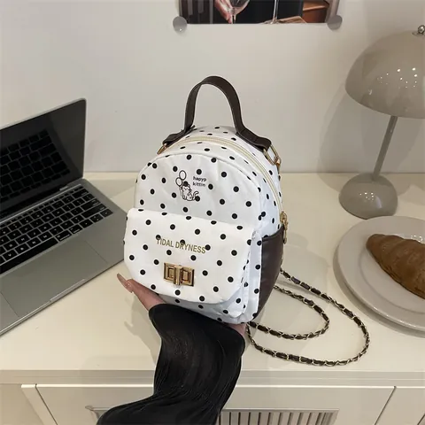 Women's Mini Backpack Fashion Polka Dot Canvas Leather Crossbody Bag With Chain Strap Cartoon Cat Pattern Travel Handbag