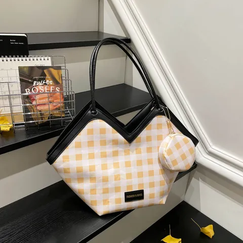 Women Plaid Tote Bag V-Shaped Opening Large Capacity PU Leather Shoulder Bag With Detachable Round Coin Purse Chic Fashion