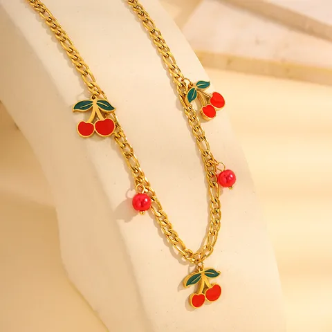 Collana con Pendente a Ciliegia in Acciaio Inossidabile Dolce Catena Figaro Placcata Oro Gioielli per Donna Ragazza