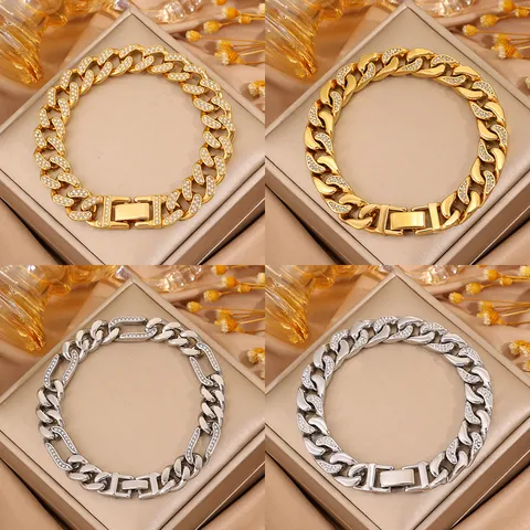 Bracelet Chaîne Gourmette Cubaine en Acier Inoxydable de Mode Pour Femmes Plaqué Or 18k Bracelet Chaîne Figaro en Zirconium Iced Out Bijoux