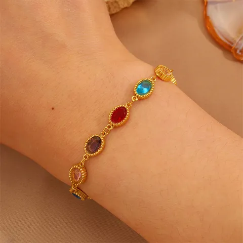 Bracelet en Acier Inoxydable Plaque Or Avec Zircone Coloree Pour Femmes Bijoux Reglables Sertis De Strass Ovales Style Boheme Vintage