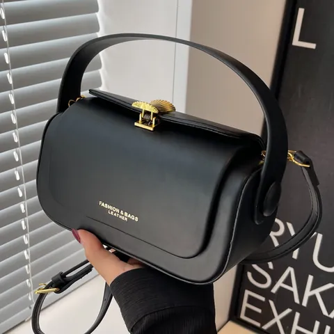 Mode Kleine Quadratische Tasche Damen Trendig Minimalistisch PU Schulter Umhängetasche Mit Gold Muschel Schloss Handtasche