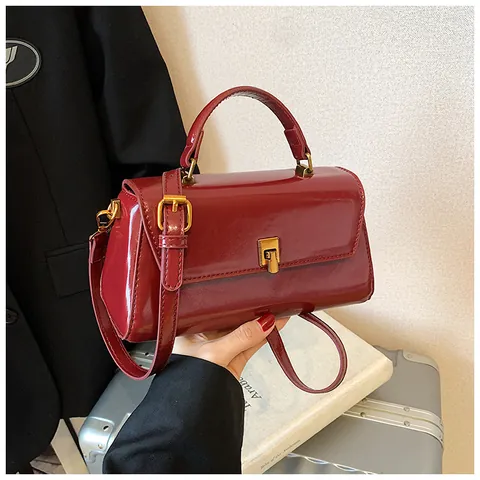 Women Glossy PU Leather Square Crossbody Bag Minimalist Top Handle Handbag Shoulder Bag Metal Lock Closure For Daily Commute