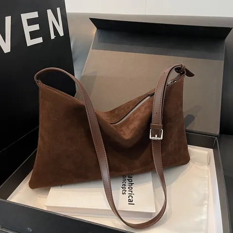 Vintage Faux Suede Pillow Bag Women Large Capacity Simple Underarm Shoulder Bag Fashion Retro Solid Color Commuter Hobo Bag