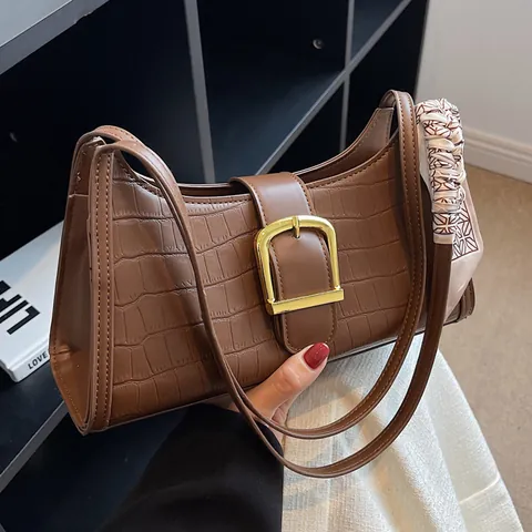 Bolso de Axila de Cuero PU con Relieve de Cocodrilo Vintage para Mujer Bolso de Hombro de Moda con Pañuelo de Seda
