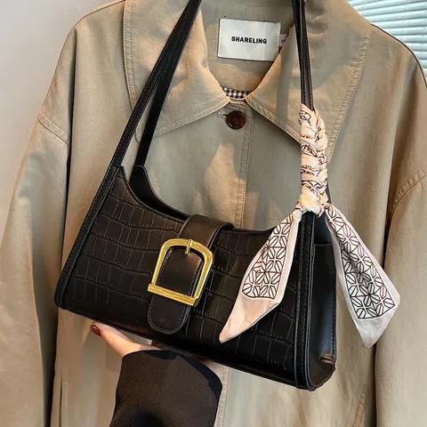 Bolso de Axila de Cuero PU con Relieve de Cocodrilo Vintage para Mujer Bolso de Hombro de Moda con Pañuelo de Seda