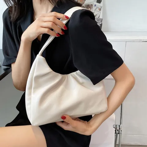 Minimalist Ruched Underarm Bag For Women Fashion PU Leather Pleated Cloud Shoulder Bag Trendy Solid Color Handbag