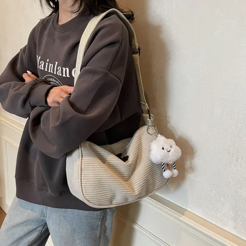 Women Corduroy Crossbody Bag Casual Dumpling Shoulder Bag With Cute Cloud Plush Pendant Adjustable Wide Strap Ribbed Texture Fashion Messenger Bag Travel Daily Satchel