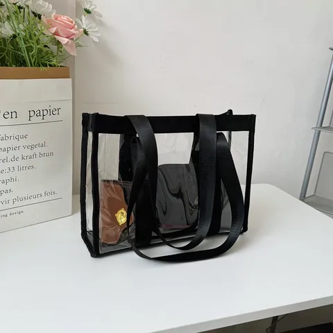 Women Casual Clear PVC Tote Bag Including Inner Pouch Fashion Transparent Jelly Shoulder Bag Waterproof Shopping Handbag