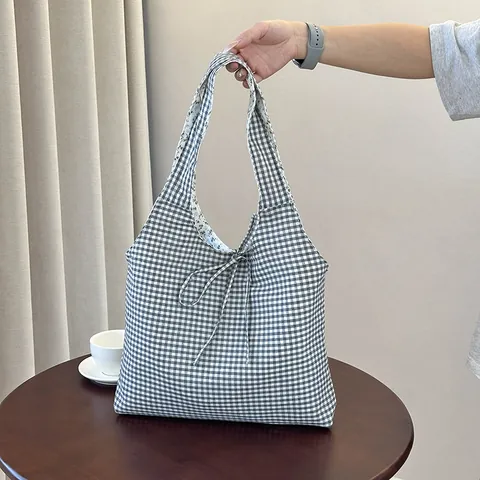 Women Reversible Plaid Floral Tote Bag Large Capacity Canvas Shoulder Bag Preppy Style Shopping Bag With Bow Tie Detail