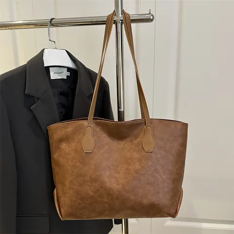 Women's Vintage Large Capacity Tote Bag High Quality PU Leather Shoulder Bag For Commuting Daily Office Handbag