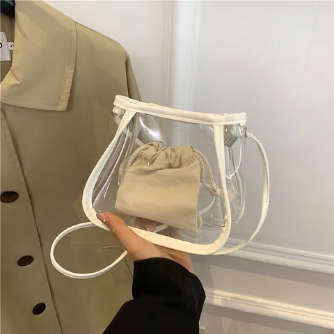 Women Transparent PVC Mini Crossbody Bag With Canvas Drawstring Inner Pouch Fashion Shoulder Handbag For Daily Use