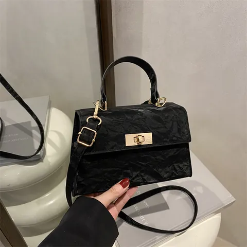 Fashion Women Wrinkled PU Leather Small Square Handbag Gold Lock Single Handle Detachable Crossbody Shoulder Bag