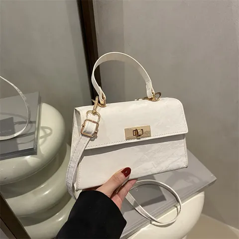 Fashion Women Wrinkled PU Leather Small Square Handbag Gold Lock Single Handle Detachable Crossbody Shoulder Bag