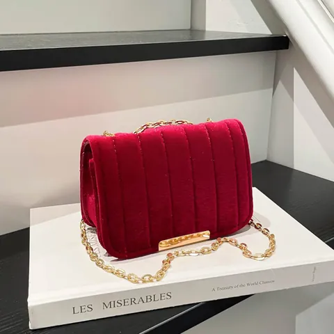 Women Vintage Velvet Small Square Bag Vertical Quilted Design Gold Chain Strap Crossbody Shoulder Bag For Daily Party