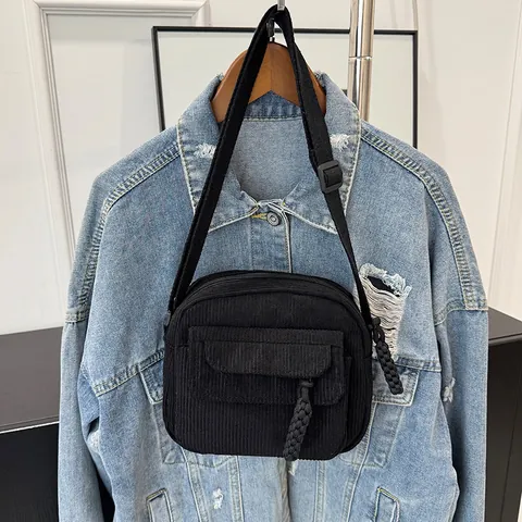 Vintage Corduroy Crossbody Bag For Women Solid Color Small Shoulder Square Bag With Woven Zipper Pull Daily Fashion Casual