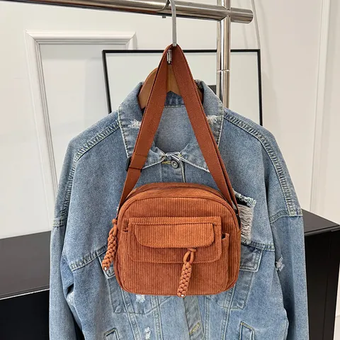 Vintage Corduroy Crossbody Bag For Women Solid Color Small Shoulder Square Bag With Woven Zipper Pull Daily Fashion Casual