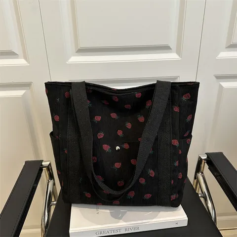 Women Corduroy Strawberry Print Tote Bag Large Capacity Casual Shoulder Handbag Sweet Fashion Shopper Bag For Daily Travel