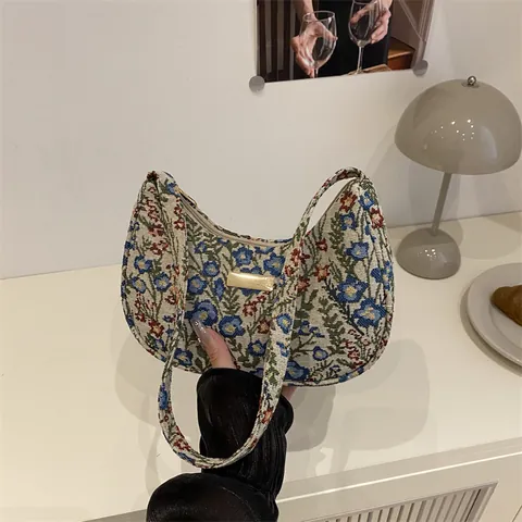 Vintage Jacquard Blumen Achseltasche Für Damen Retro Kleine Hobo Schultertasche Mit Metall Dekoration Reißverschluss Daily Purse