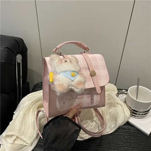 Women Mini PU Leather Plaid Backpack Cute Cartoon Bear Handbag Fashion Sweet Style Small Shoulder Bag With Plush Charm