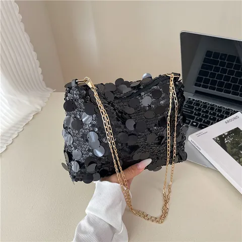 Borsa a Spalla Quadrata Piccola in Paillettes alla Moda per Donna con Tracolla a Catena in Metallo Dorato per Feste 2025
