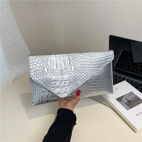 Vintage Crocodile Pattern Envelope Clutch Bag For Women PU Leather Metallic Gold Silver Long Evening Party Handbag Purse