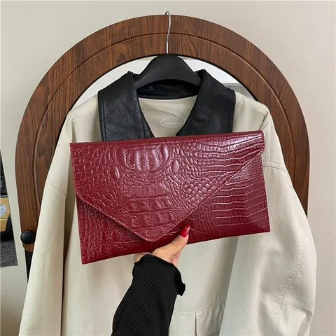 Vintage Crocodile Pattern Envelope Clutch Bag For Women PU Leather Metallic Gold Silver Long Evening Party Handbag Purse