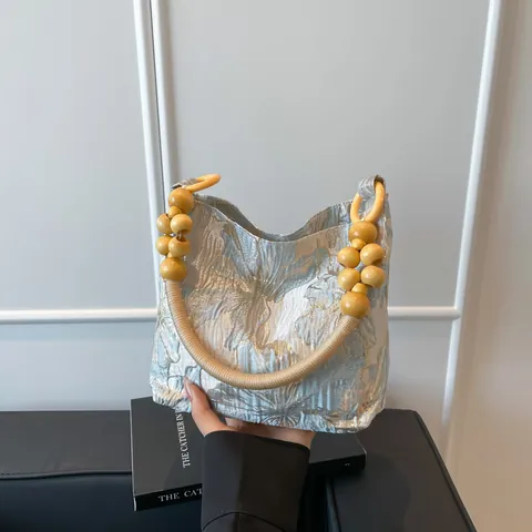 Chinese Style Butterfly Embroidered Handbag Women Satin Jacquard Underarm Bag With Wood Beaded Handle Vintage Tote Bag