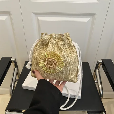 Zonnebloem Strogevlochten Bucket Bag Bos Stijl Handgeweven Trekkoord Crossbody Schoudertas Zomer Strand Reizen Dames Handtas